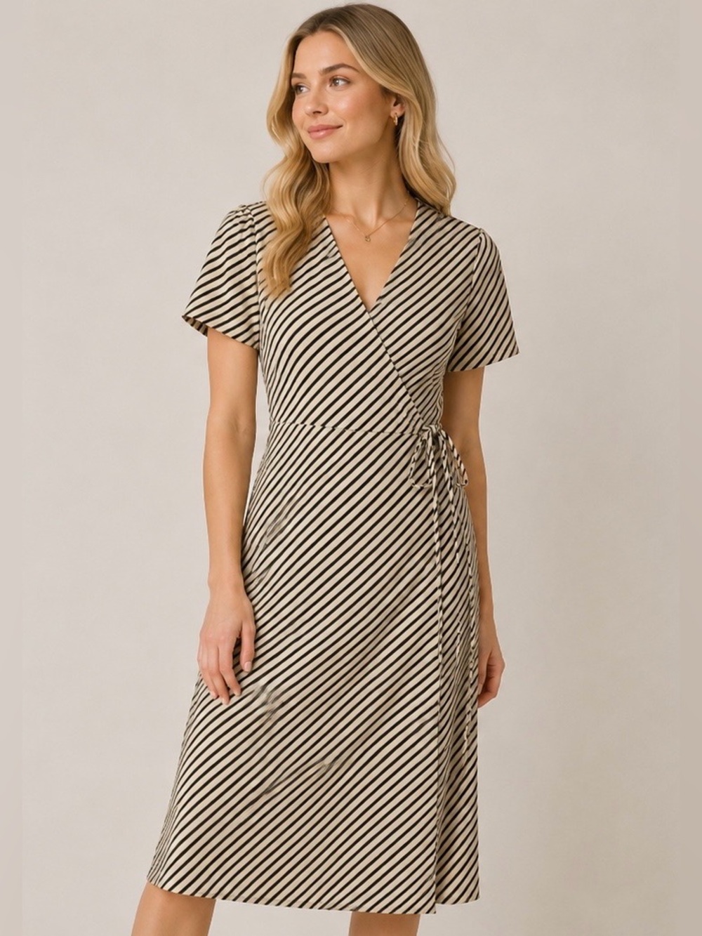H&M Cream and Black Striped Wrap Midi Dress